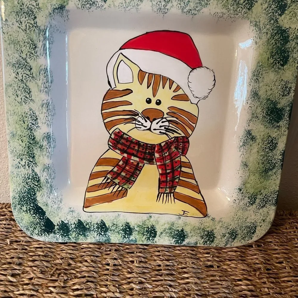 Ceramic Large Vintage Orange Cat Santa Serving Platter 13x13!